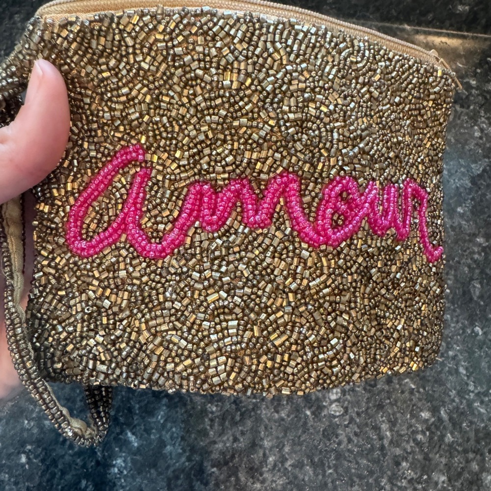 Moyna Amour Beaded Wristlet Clutch Bag Bronze Gold Pink Script Evening Pouch - Picture 3 of 7